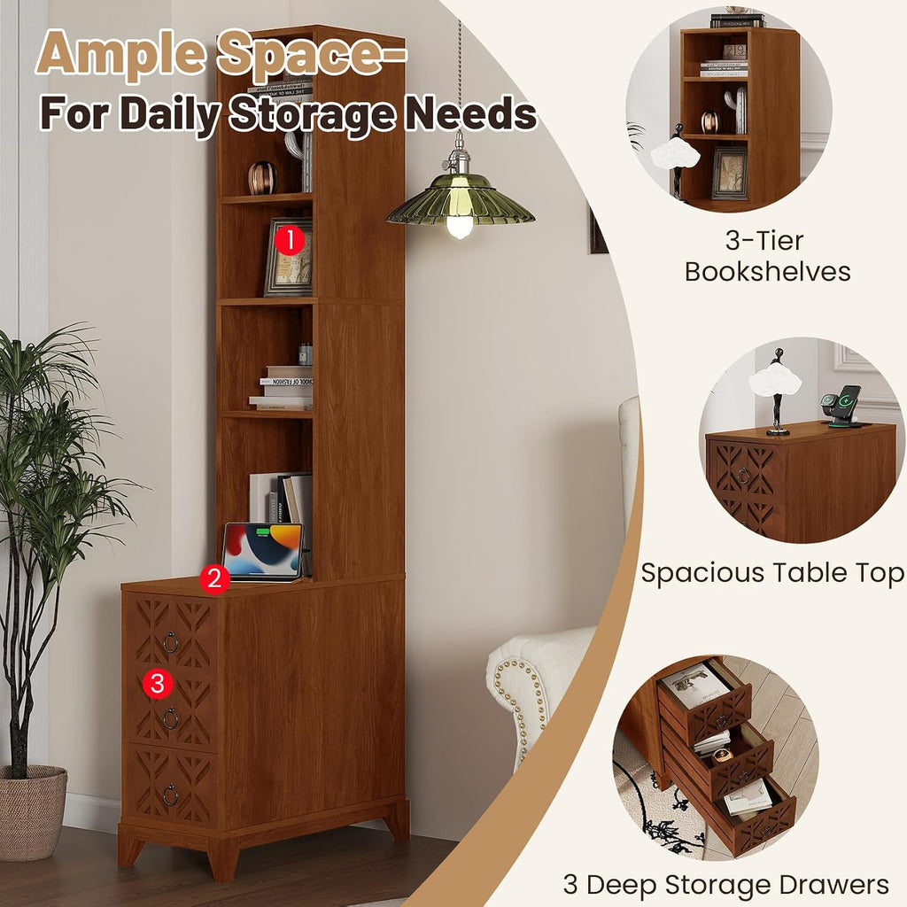 Wood Tall Nightstand with Charging Station, 70.9' Tall End Table with 3 Storage Drawers and 4 Open Shelves, Narrow Slim Sofa Side Table for Small Spaces, Living Room, Bedroom,Corner, Walnut