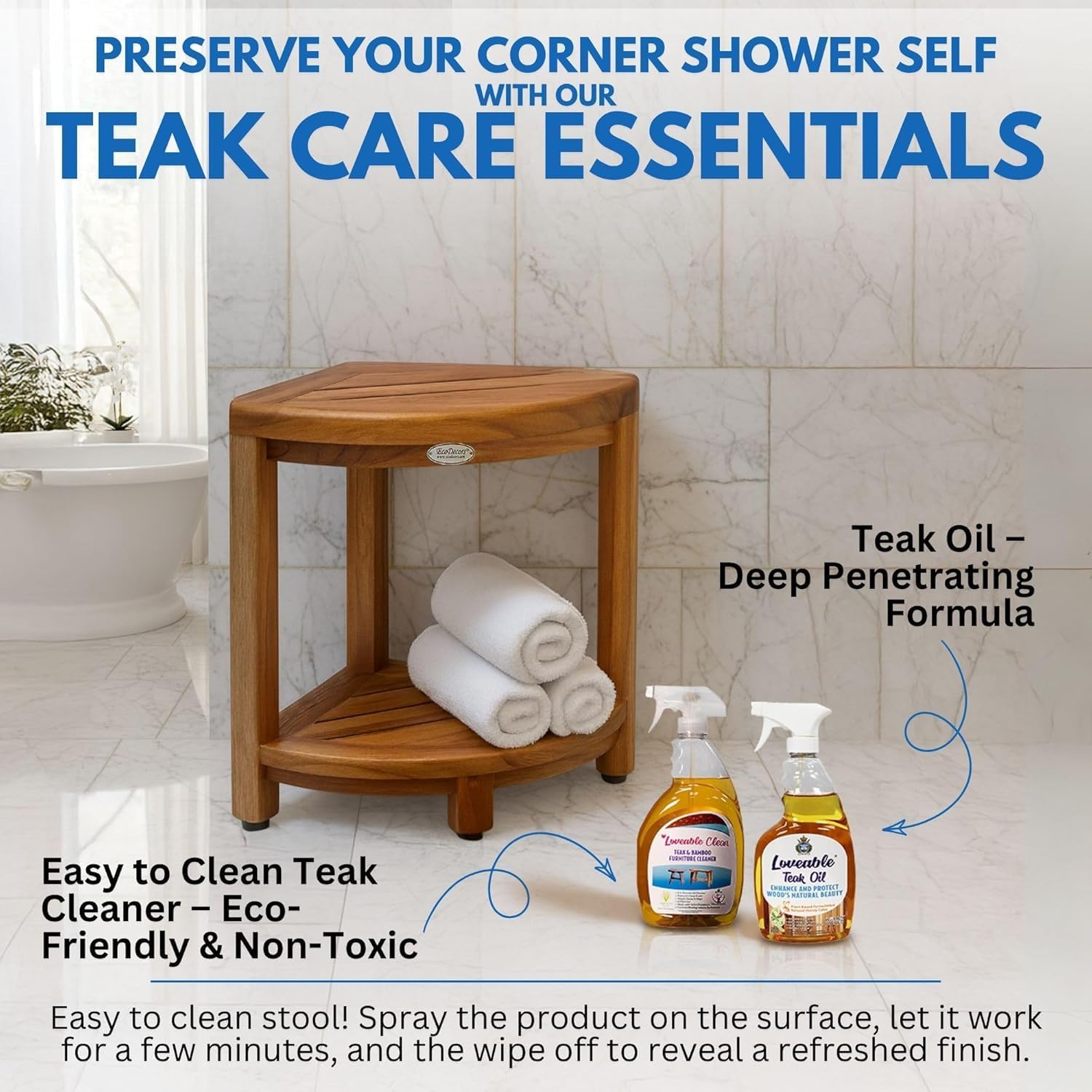 EcoDecors Fully Assembled SnazzyCorner® 18' Teak Shower Bench, Corner Shower Stool, w Shelf in Earthy Teak Finish, Compact Fit for Small Bathrooms & Walk-in Showers – Slip-Resistant Feet, Sauna Bench
