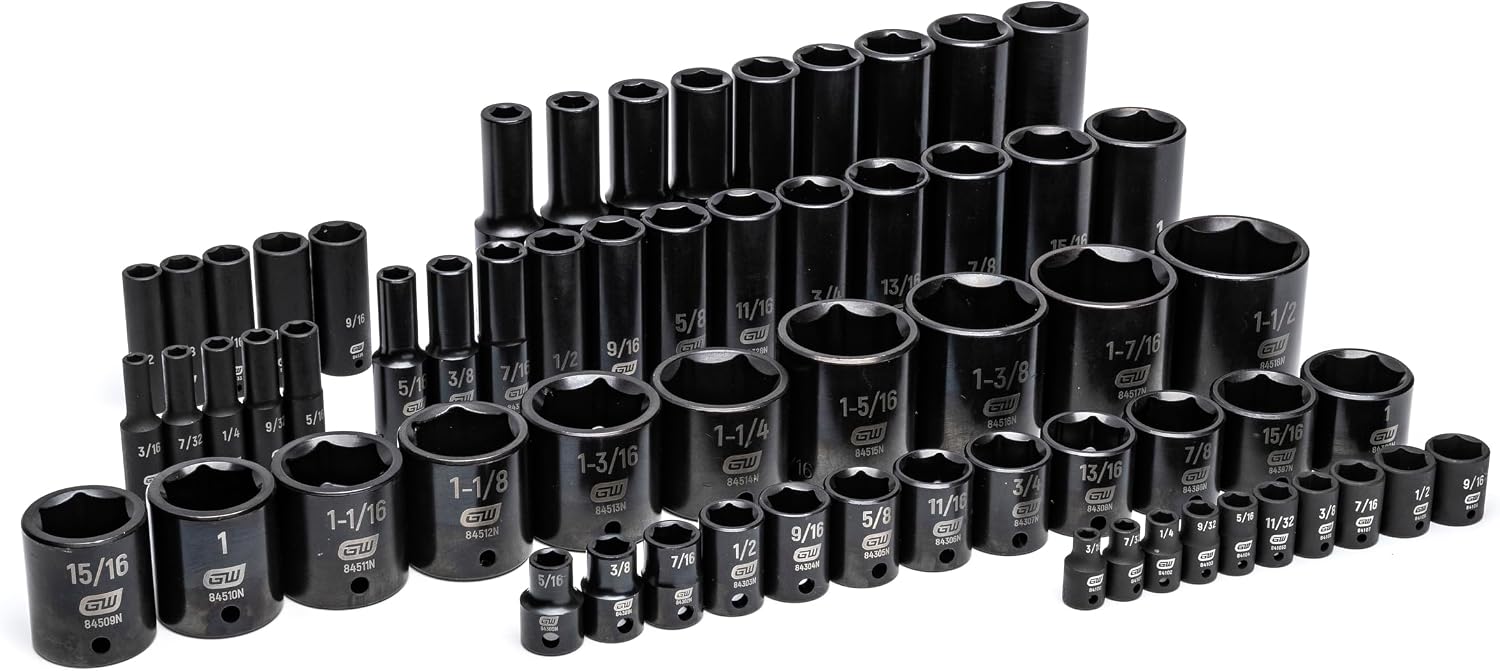 GEARWRENCH 63 Piece 1/4', 3/8', 1/2' Drive 6 Point SAE Impact Socket Set in Foam Storage Tray - GWMSISKSAE