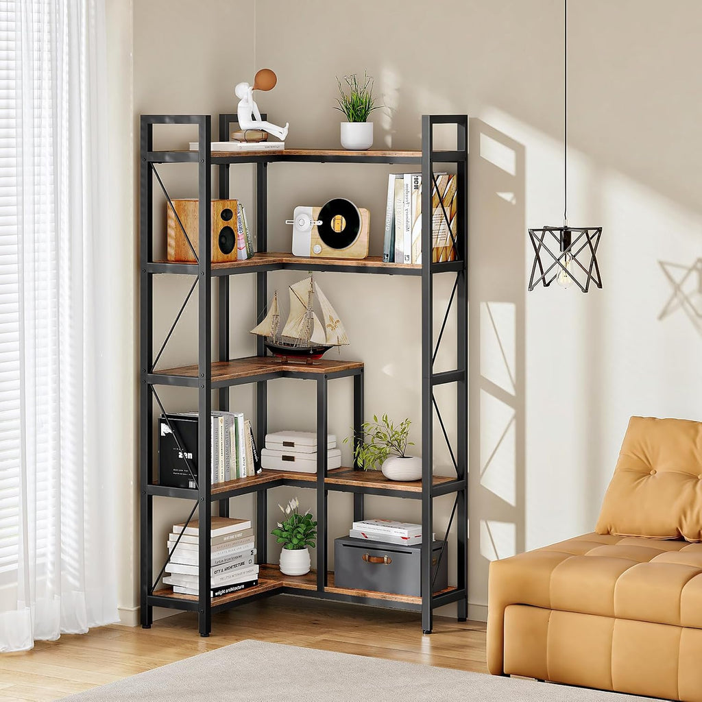CHOEZON 5-Tier Corner Bookshelf, 65.5'' Tall L-Shaped Bookcase, Corner Storage Stand with Metal Frame, Display Storage Rack, for Living Room, Home Office, Bedroom, Rustic Brown TSJ12BF