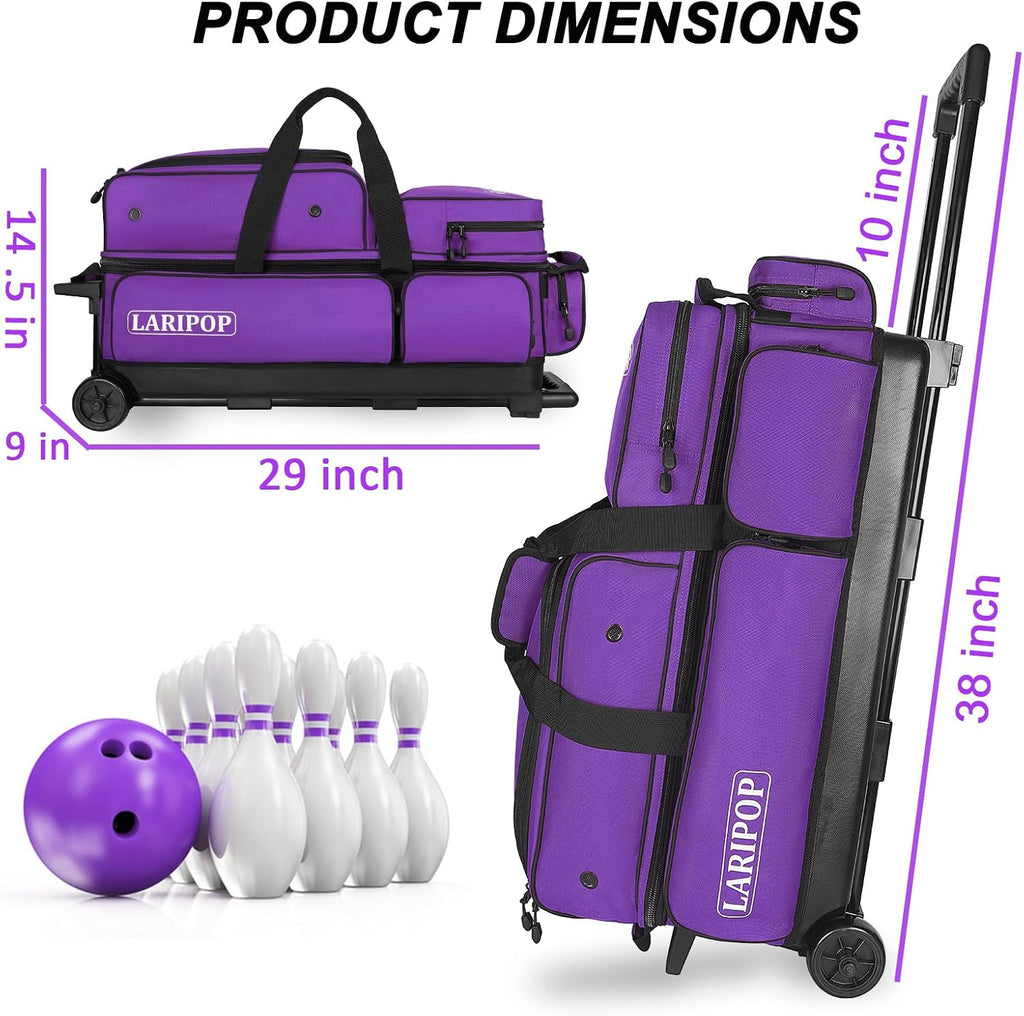 LARIPOP 3 Ball Bowling Bag with Wheels and Shoe Compartment, Rolling Bowling Bag for 3 Balls, Heavy Duty Bowling Roller Bag with Retractable Handle for Men Women