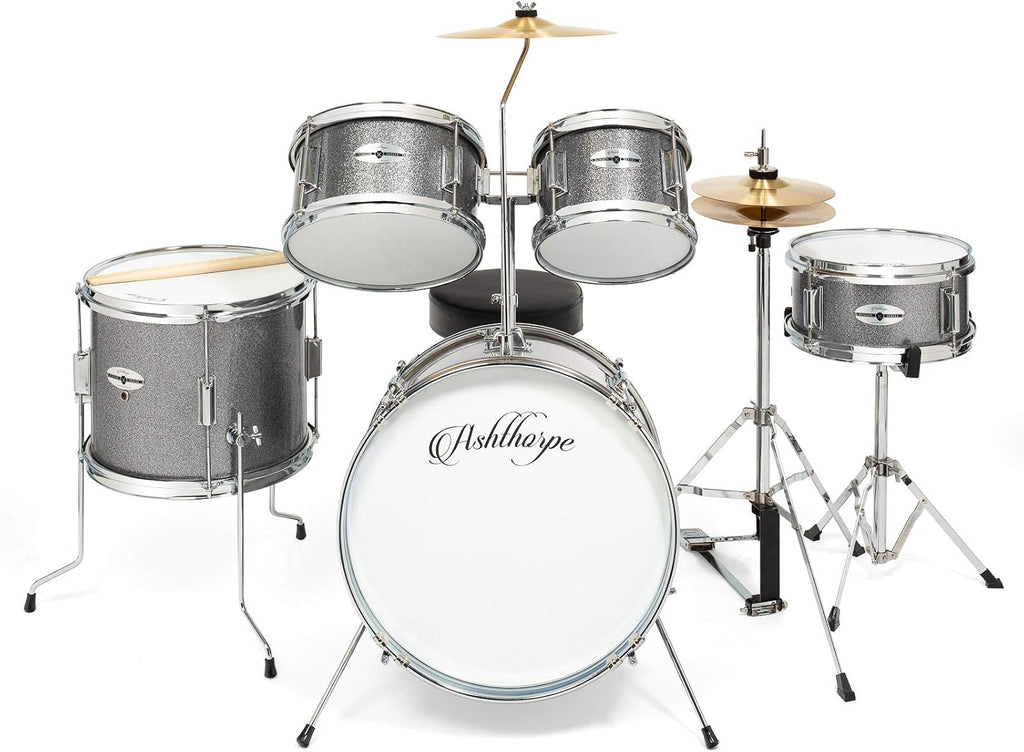 Ashthorpe 5-Piece Complete Junior Drum Set with Genuine Brass Cymbals - Advanced Beginner Kit with 16' Bass, Adjustable Throne, Cymbals, Hi-Hats, Pedals & Drumsticks - Silver