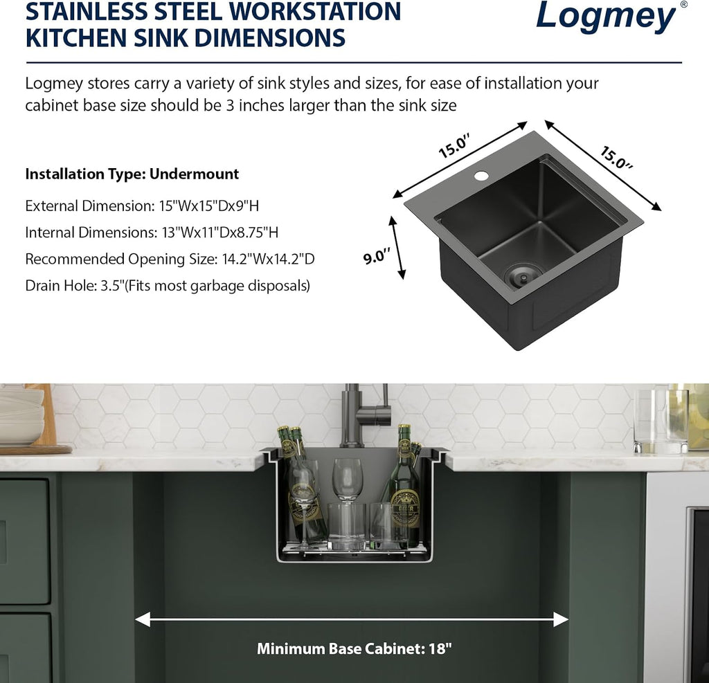 Logmey 15' Square Drop in Bar Sink,PVD Nano Gun Black 16 Gauge Stainless Steel,15x15x9 Workstation Sink for Kitchen Prep,RV,Wet Bar & Outdoor