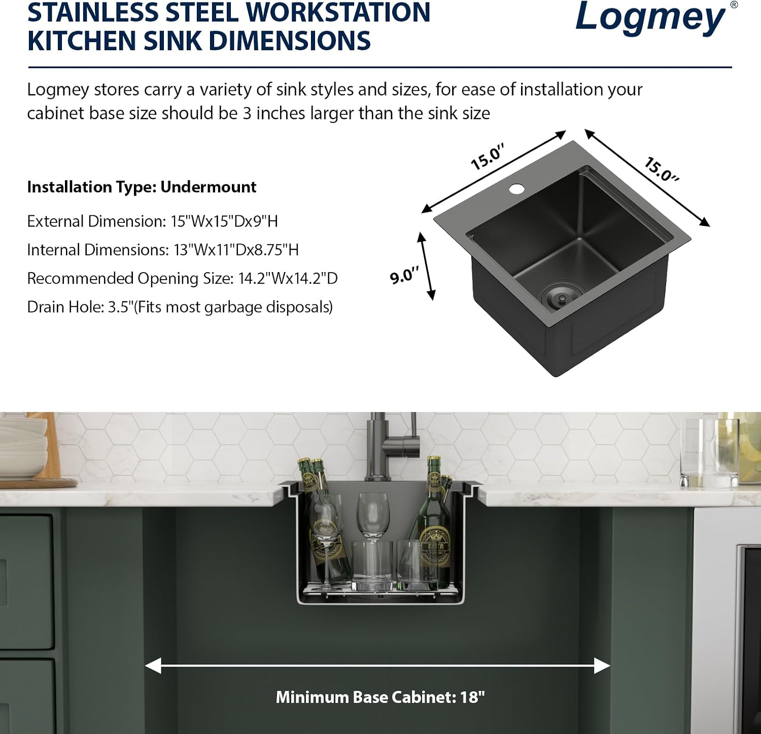 Logmey 15' Square Drop in Bar Sink,PVD Nano Gun Black 16 Gauge Stainless Steel,15x15x9 Workstation Sink for Kitchen Prep,RV,Wet Bar & Outdoor