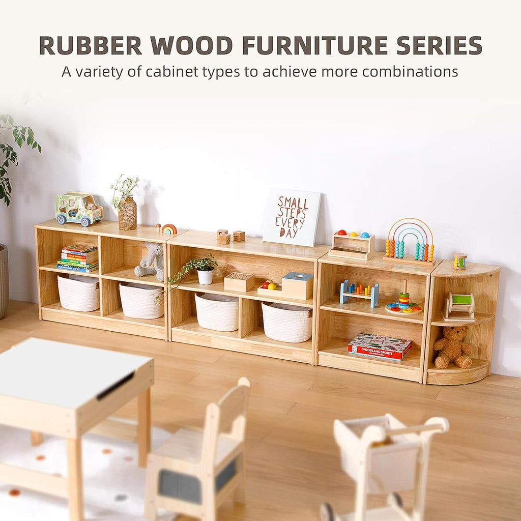 OOOK Rubber Wood 5-Compartment Montessori Shelf, 43.3' L, 2-Tier Toy Organizers and Storage, Wooden Storage Cabinet for Kids Room, Playroom, Nursery, Classroom, Kindergarten