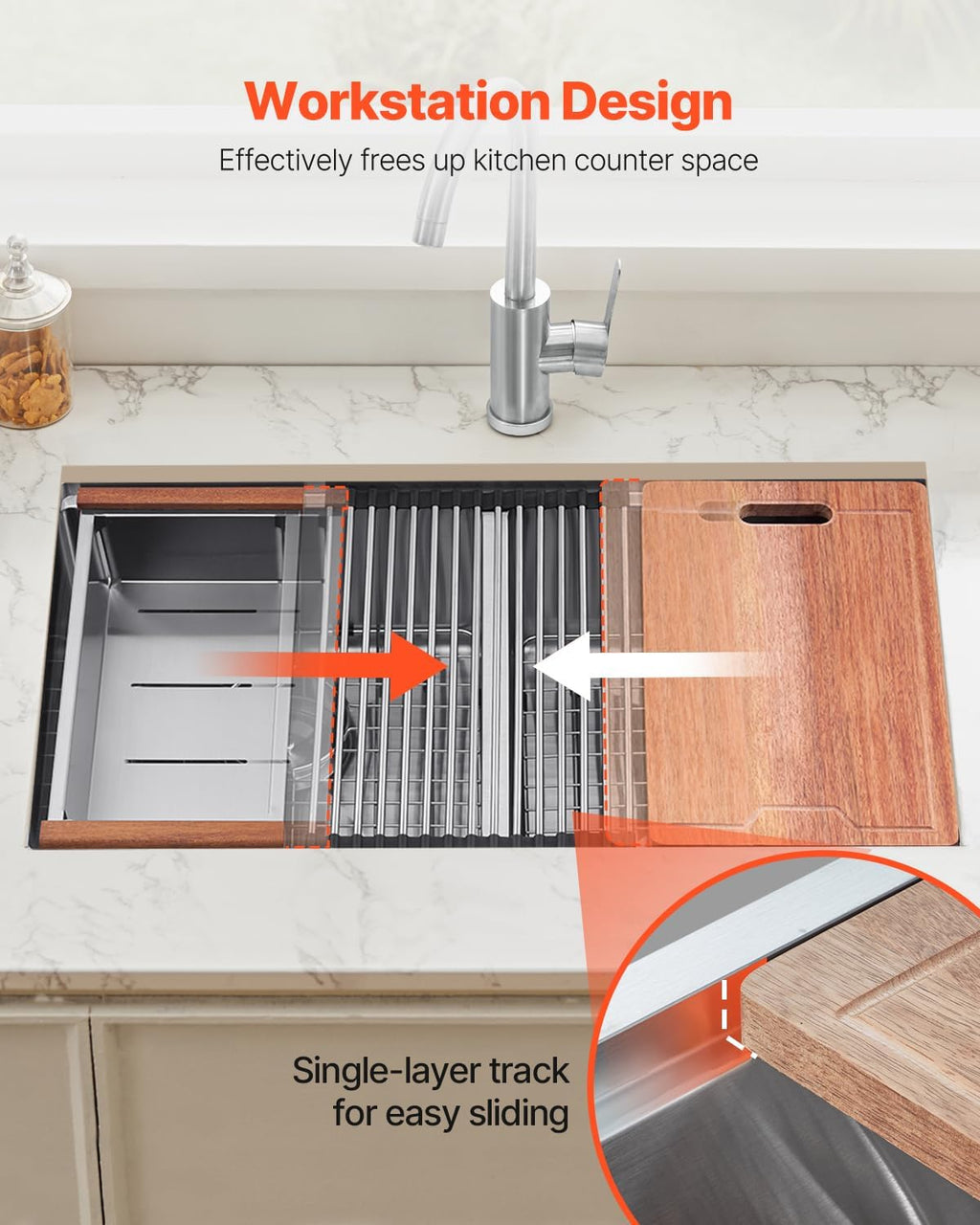 VEVOR 33 inch Kitchen Double Sink, 304 Stainless Steel Undermount Sink Drop-In Single Bowl Farmhouse Basin with Ledge & Multiple Accessories, Household Dishwasher Sinks for Prep Kitchen, Bar 33'*19'