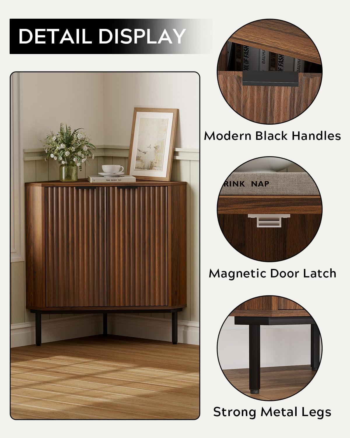 Fluted Corner Cabinet, Modern Small Floor Storage Cabinet with Adjustable Shelf, Wood Freestanding Narrow Organizer for Living Room Kitchen, Brown