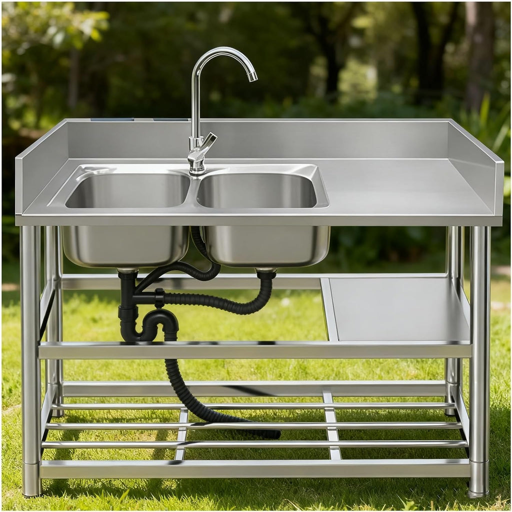 Stainless Steel Sink Double Basin Design Triple-Welded Edges H80cm (31.5') Kitchen Sinks Brushed Finish Monocoque Construction Reinforced Beam Small Radius Corners(Left Basin-47.2x19.7x31.5')