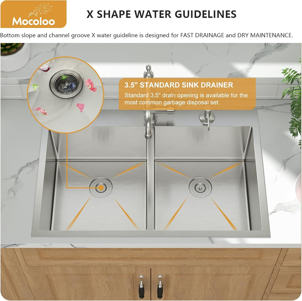 Mocoloo 33 Drop In Kitchen Sink Double Bowl 33 x 22 Drop Sink Double Bowl 50/50 T304 Stainless Steel 16 Gauge Topmount Handmade, 10 Inch Deep