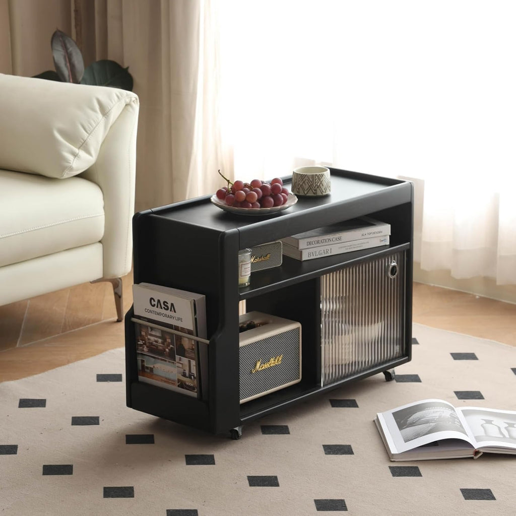 Solid Wood Side Table with Wheels, Narrow Side Table with Storage, Rolling Bedside Table for Bedroom Living Room Dining Room(Black, 27.95' D x 11.42' W x 19.88' H)