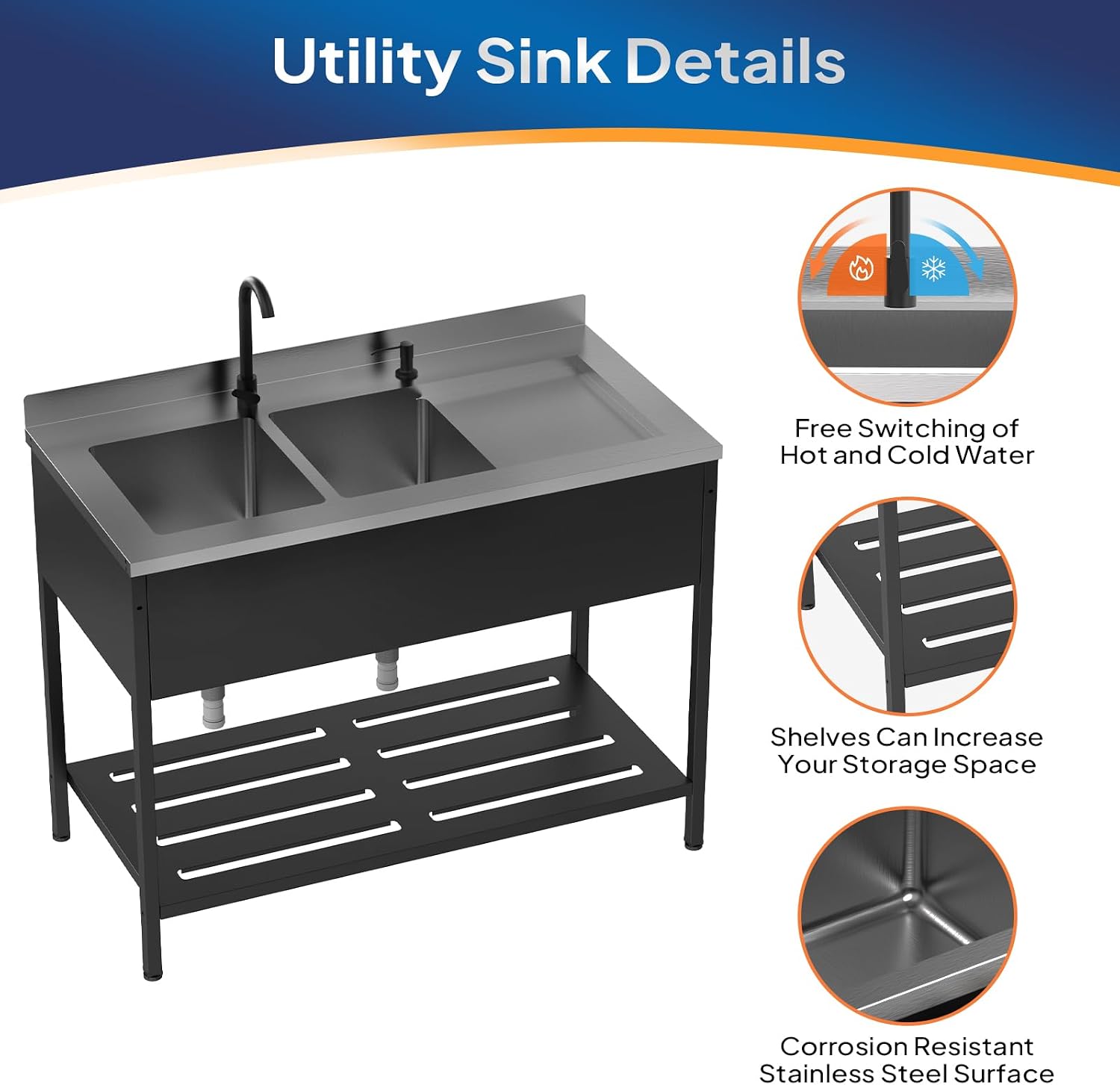 ROVSUN Black Electroplated Stainless Steel Double Bowl Utility Sink, 24'D x 47.5'W x 38.9'H, Heavy-Duty Freestanding Prep & Cleaning Sink with Faucet for Restaurant, Kitchen, Laundry, and Garage Use