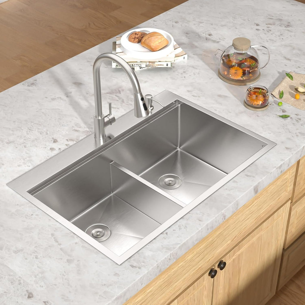 36 Inch Drop-In Double Bowl Kitchen Sink, 50/50 Low Divide 16 Gauge 304 Stainless Steel Workstation All-In One Large Sink with Accessories, Brushed Finish #TLDB-503
