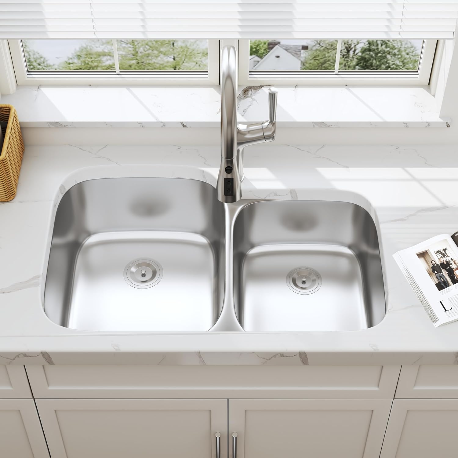 32 Inch Undermount 60/40 Double Bowl Kitchen Sink, 18 Gauge 304 Stainless Steel Curved Shape Deep Kitchen Sinks, Strainer Included, 32' x 20' x 9'