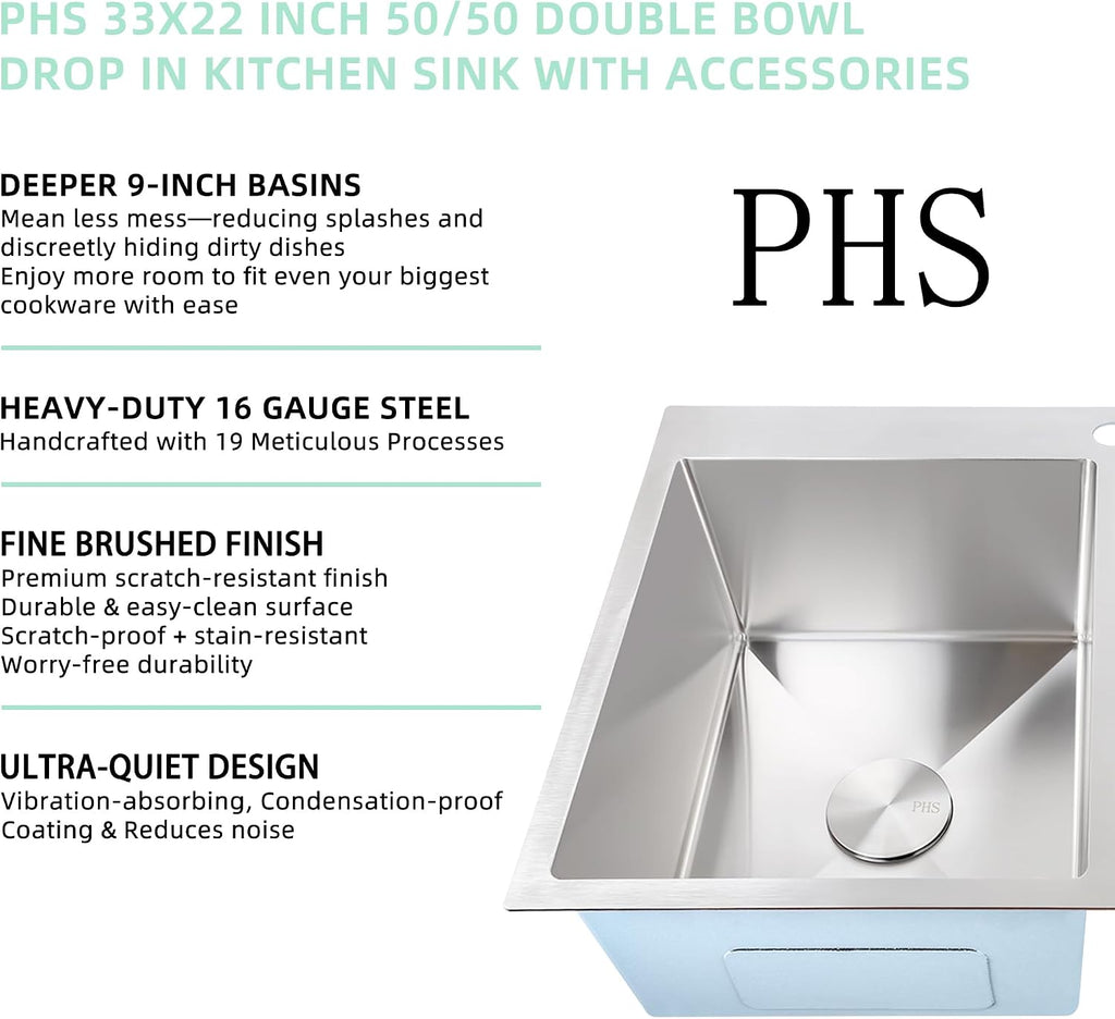 PHS 33 Inch Drop In Double Bowl Kitchen Sink 50/50-16 Gauge Stainless Steel Overmount Kitchen Sink 33x22 with Accessories, 9 Inch Deep Sinks with Brushed Finish