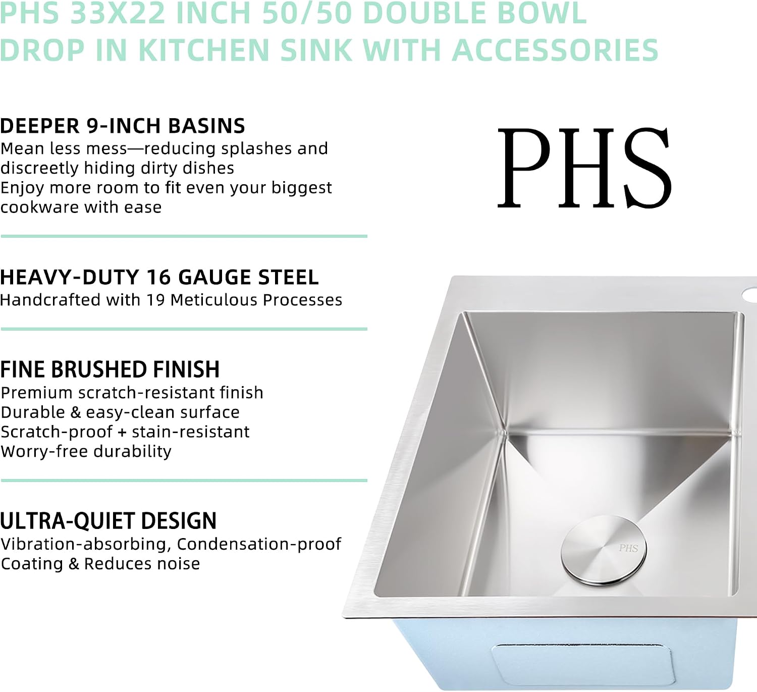 PHS 33 Inch Drop In Double Bowl Kitchen Sink 50/50-16 Gauge Stainless Steel Overmount Kitchen Sink 33x22 with Accessories, 9 Inch Deep Sinks with Brushed Finish