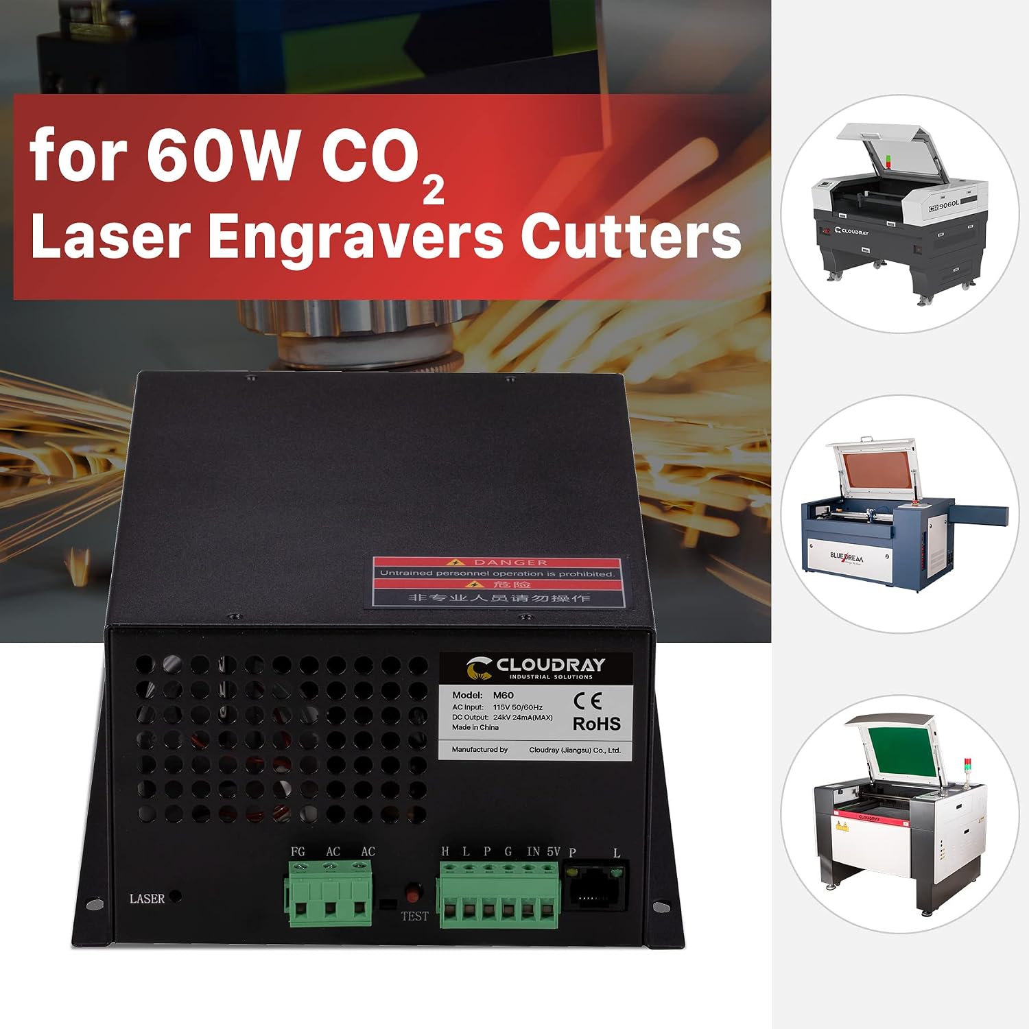 Cloudray 60W Co2 Laser Power Supply 110V for CO2 Laser Tubes Laser Engraver Cutter Engraving Machine MYJG-60W