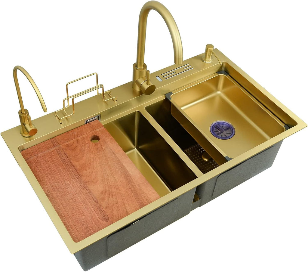 304 Stainless Steel Room Kitchen Sink Gold Double Bowl Bar Prep Sink Multi-Purpose RV Sink with Faucet and Drain Assembly Drop in Or Under Mount (Color : Gold-h, Size : 82x46x24cm) (Goldc 78x46x2