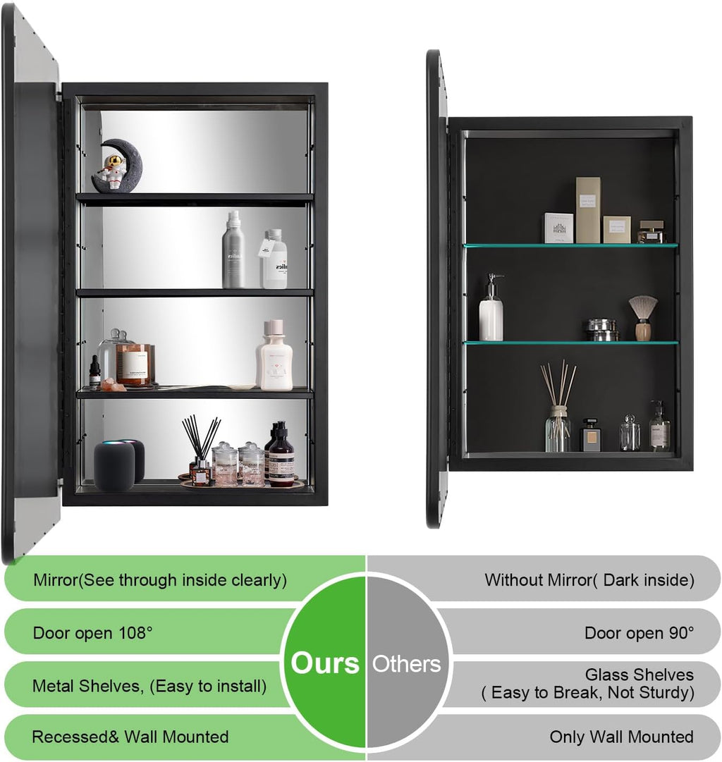 Black Bathroom Medicine Cabinet with Mirror 17 x 27 Metal Frame Recessed Or Wall Mounted Single Door Storage Medicine Cabinets with Adjustable Shelves Rounded Corner Beveled Mirrors