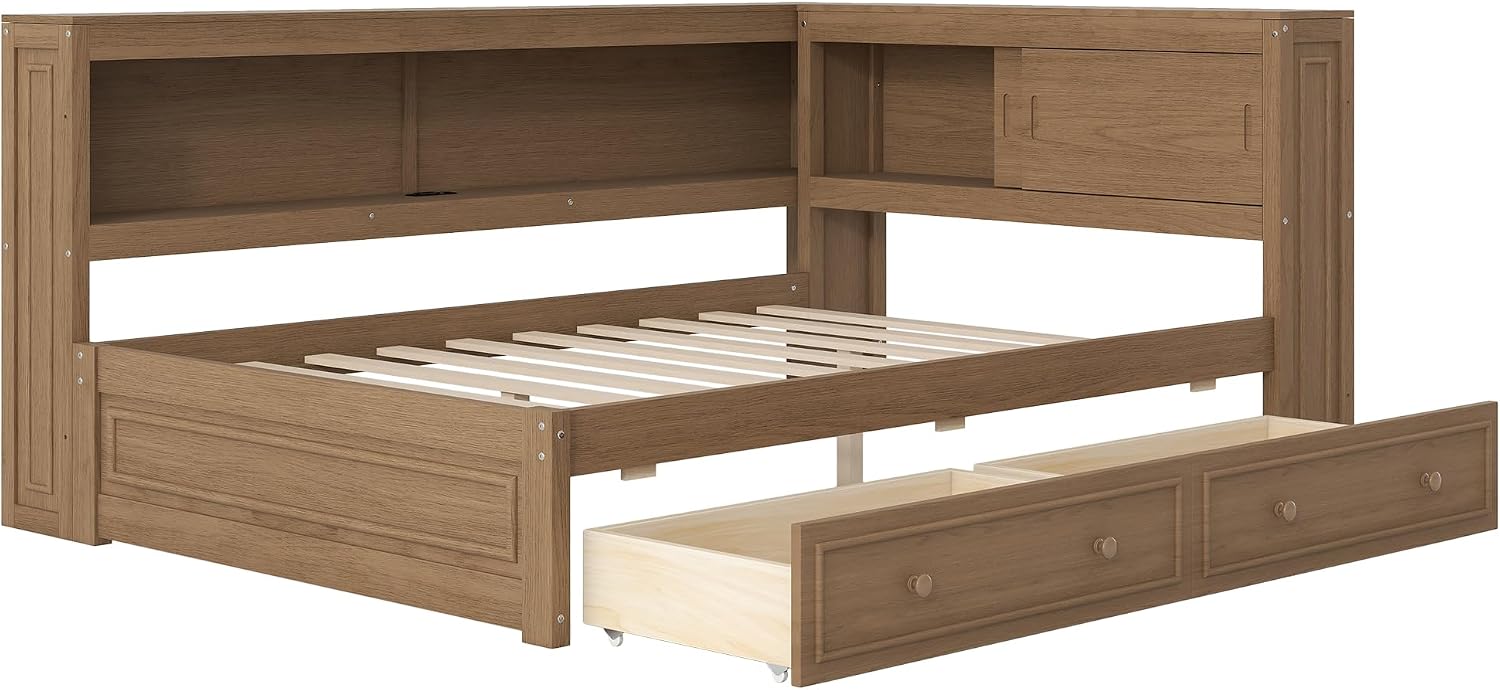 Merax Full Size Daybed Frame with 2 Drawers for Kids, Daybed Full Size with Storage Shelves and Headboard, Wood Corner Bed with USB Ports and LED for Living Room, Antique Wood