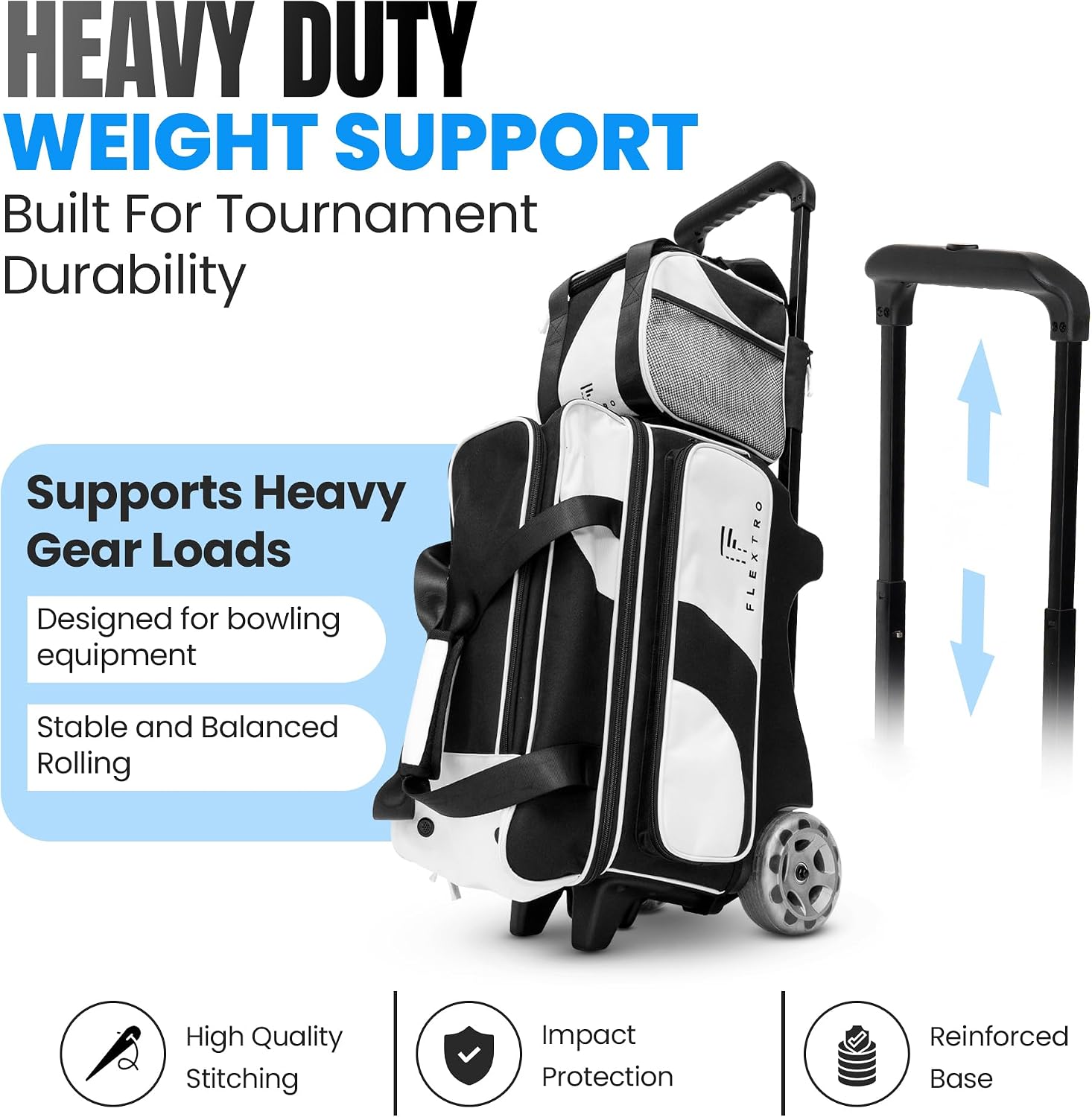 Flextro 3 Ball Bowling Bag with Wheels - Heavy Duty Rolling Bowling Bag for 3 Balls & Shoes - Premium Smooth Rolling System & Reinforced Frame