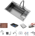 Modular Kitchen Sink Corner Drain, Workstation Sink Undermount, Stainless Steel Sink for Kitchen Offset Drain, Full Set Accessories Single Bowl Kitchen Sinks with Knife Box