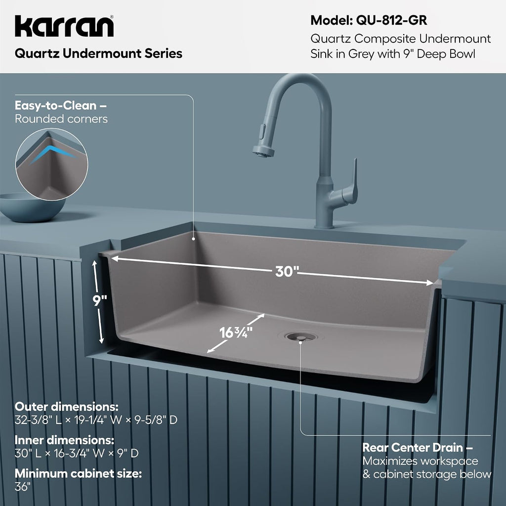 Karran Undermount 33' Large Single Bowl Granite Quartz Composite Kitchen Sink in Grey – Extra Deep 9' Basin, Heat & Scratch Resistant, Sound Dampening, Rear Drain – QU-812