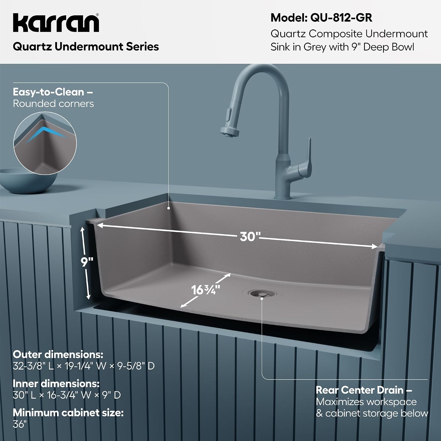 Karran Undermount 33' Large Single Bowl Granite Quartz Composite Kitchen Sink in Grey – Extra Deep 9' Basin, Heat & Scratch Resistant, Sound Dampening, Rear Drain – QU-812