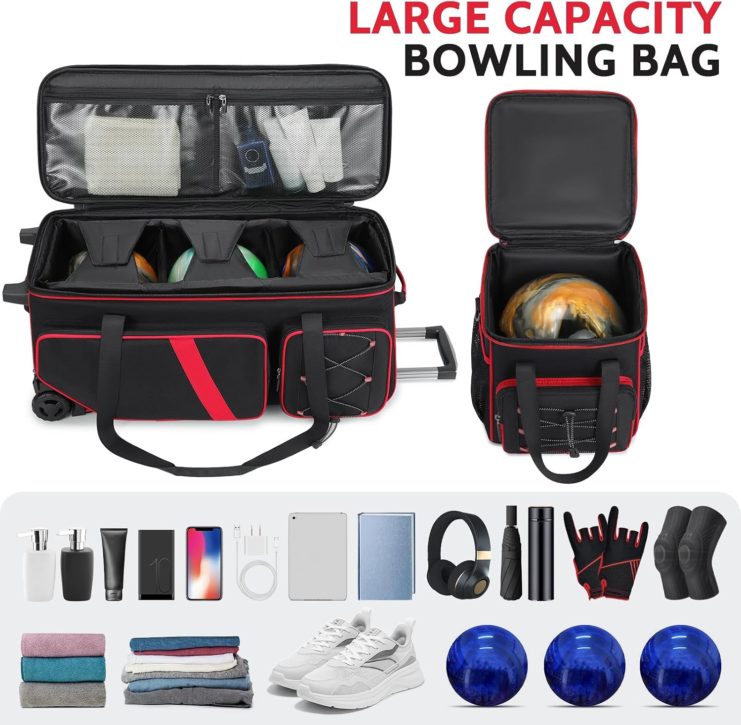 4 Ball Bowling Bag with Wheels, 3 Ball Bowling Bags Roller with 1 Ball Add On Bag, Multi-Pockets & Shoe Compartment (Fits Up to Size 16)