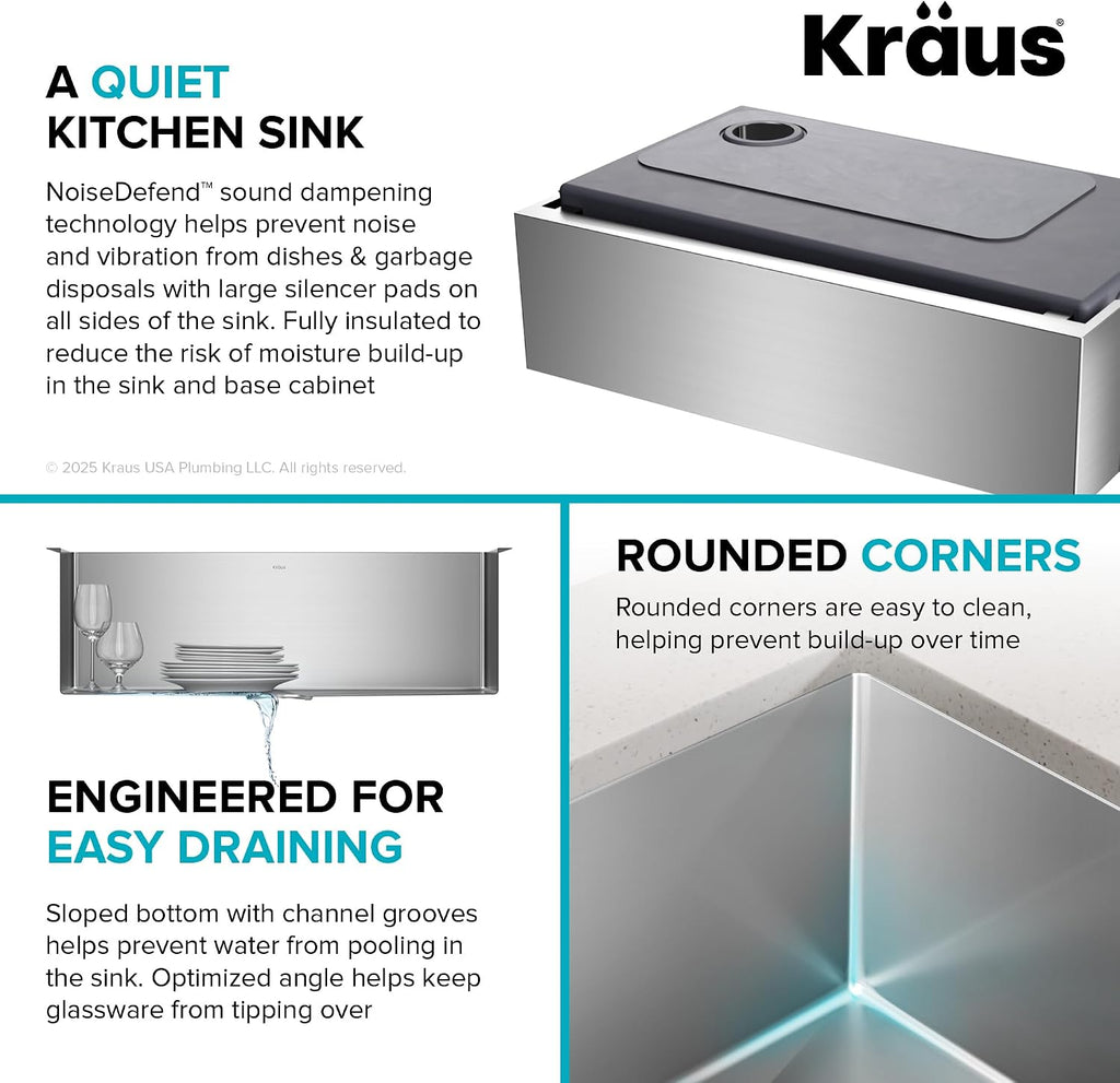 KRAUS Standart Pro 33-Inch Flat Apron Front Farmhouse 16-Gauge Single Bowl Stainless Steel Kitchen Sink, KHF410-33