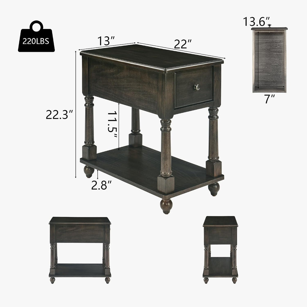 Narrow End Table with Drawer and Open Storage Shelf, Solid Wood Sofa Side Table for Living Room, Beside Table,Telephone Table for Small Spaces, No-Tools Assembly Vintage Black BBJ004BK