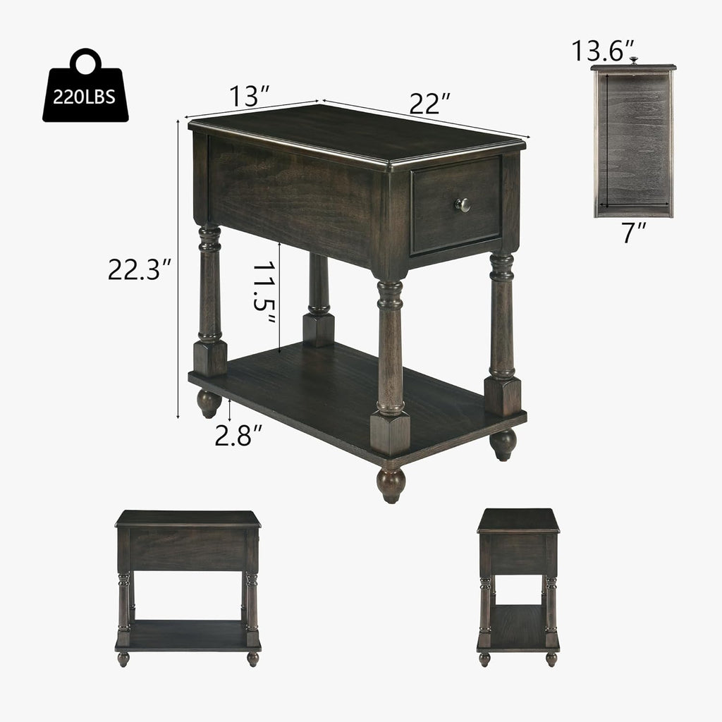 Narrow Open End Table with Drawer, Solid Wood Side Table 2-Tier Skinny Table with Storage Shelves Slim Nightstand Small Sofa End Table for Living Room Bedroom-Antique Black 004BK