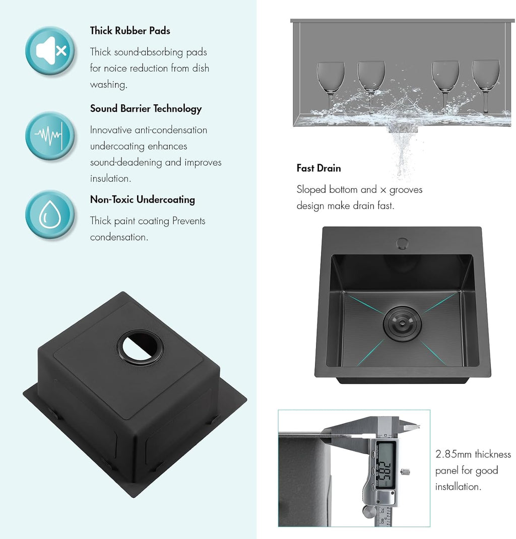 ATTOP 18 Inch Black Drop in Bar sink,18x18 Inch Nano Black Stainless Steel Handmade Small Single Bowl Sink Drop In Kitchen Bar sink