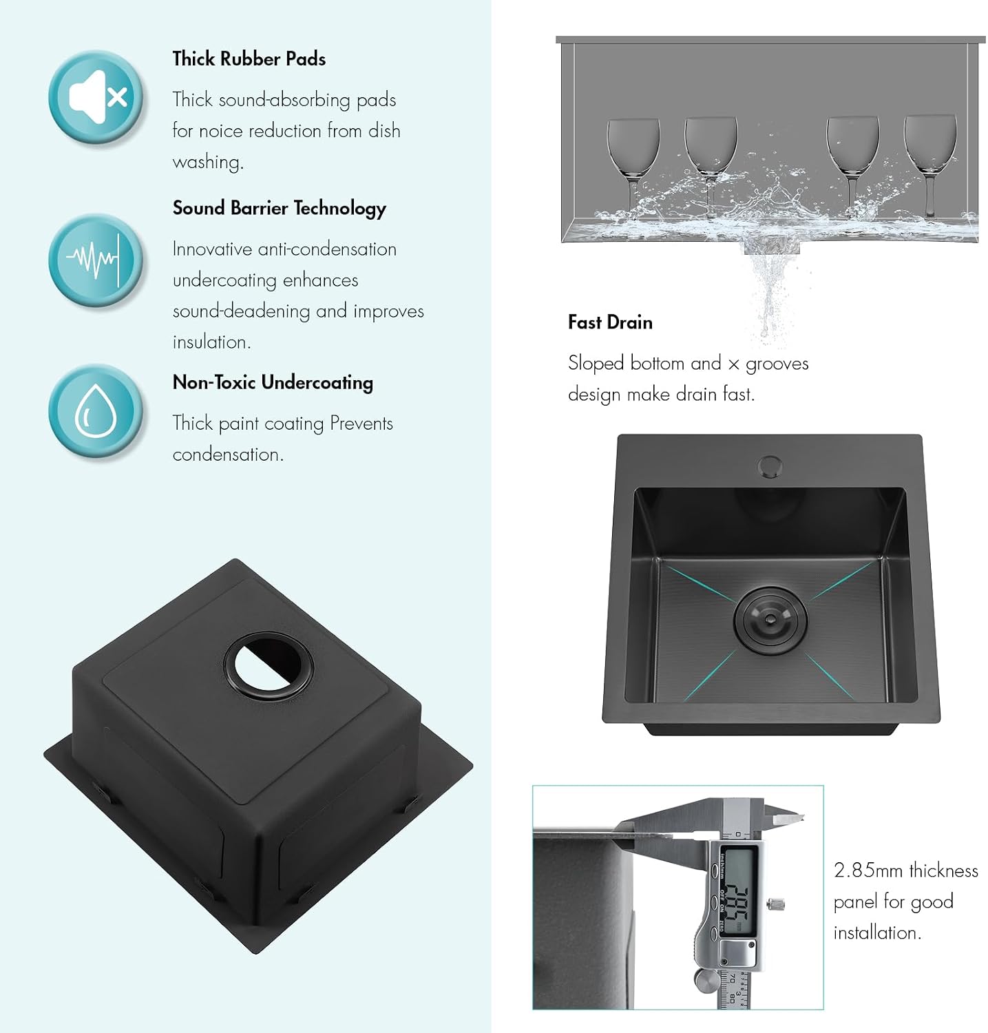 ATTOP 18 Inch Black Drop in Bar sink,18x18 Inch Nano Black Stainless Steel Handmade Small Single Bowl Sink Drop In Kitchen Bar sink