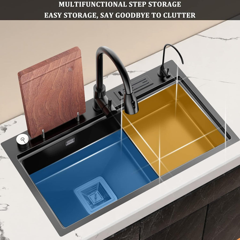 Stepped Kitchen Sink 304 Stainless Steel Single Bowl Bar Prep Sink Multi-functional RV Sink with Faucet and Cup Washer Top Mount Or Undermount (Color : Black, Size : 80x47x20cm) (Black 78x46x20cm)