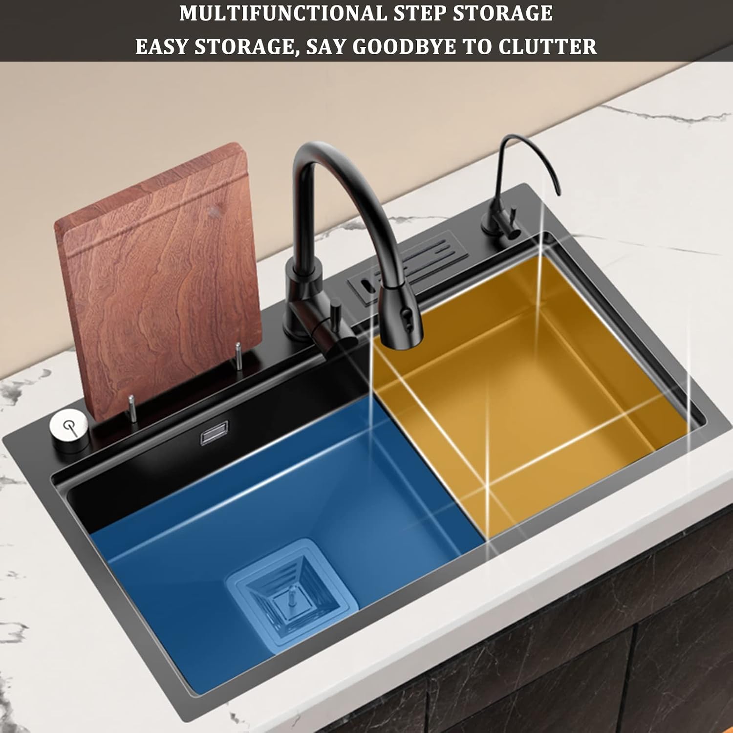 Stepped Kitchen Sink 304 Stainless Steel Single Bowl Bar Prep Sink Multi-functional RV Sink with Faucet and Cup Washer Top Mount Or Undermount (Color : Black, Size : 80x47x20cm) (Black 78x46x20cm)