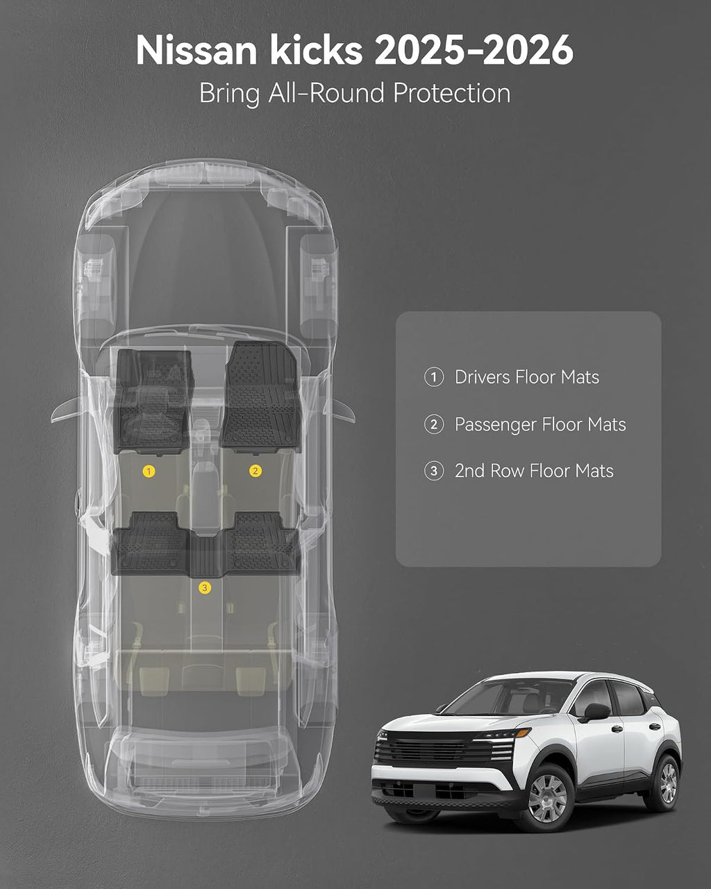 3W Floor Mats Fit for Nissan Kicks 2025 2026 (Not Fit Play Version) Accessories TPE All Weather Floor Liner, 1st and 2nd Row Car Mats Tunk Mats Full (NOT for Play Version)