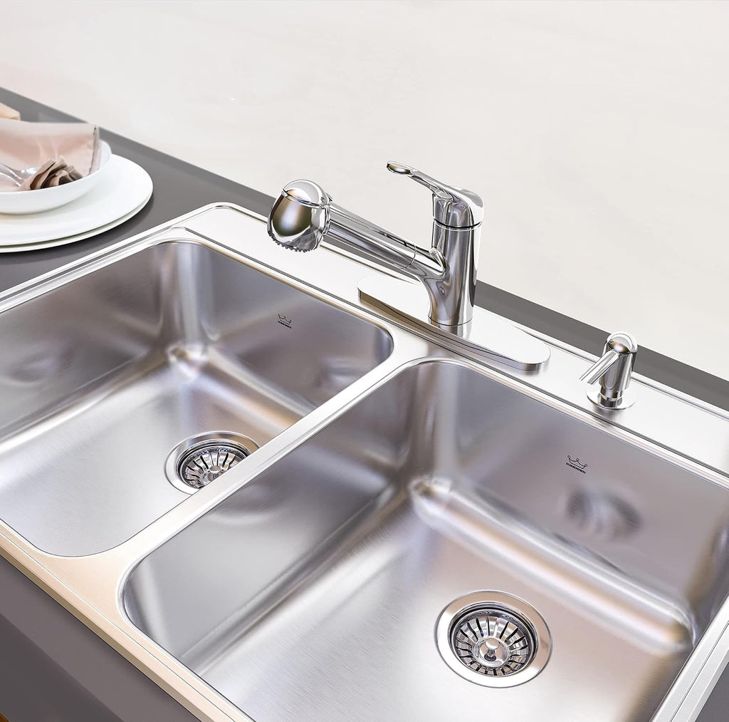 Kindred Creemore 33-in LR x 22-in FB x 8-in DP Drop In Double Bowl 4-Hole Stainless Steel Kitchen Sink, CDLA3322-8-4CBN