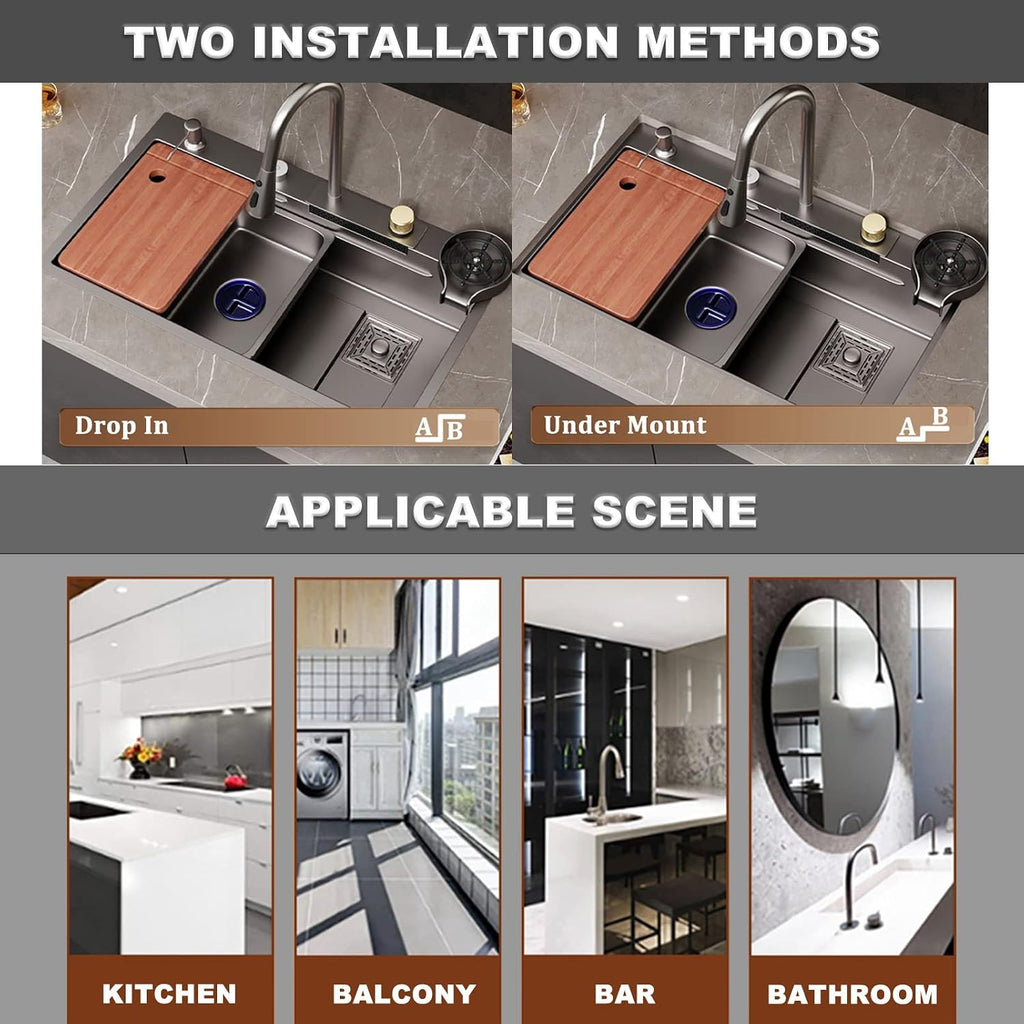304 Stainless Steel Kitchen Sink Nano Gray Single Bowl Bar Sink Household Dish Basin Hand Sink Multi-Purpose RV Sink with Faucet and Drain Assembly (Color : Grey, Size : 68x45x21cm) (Gun