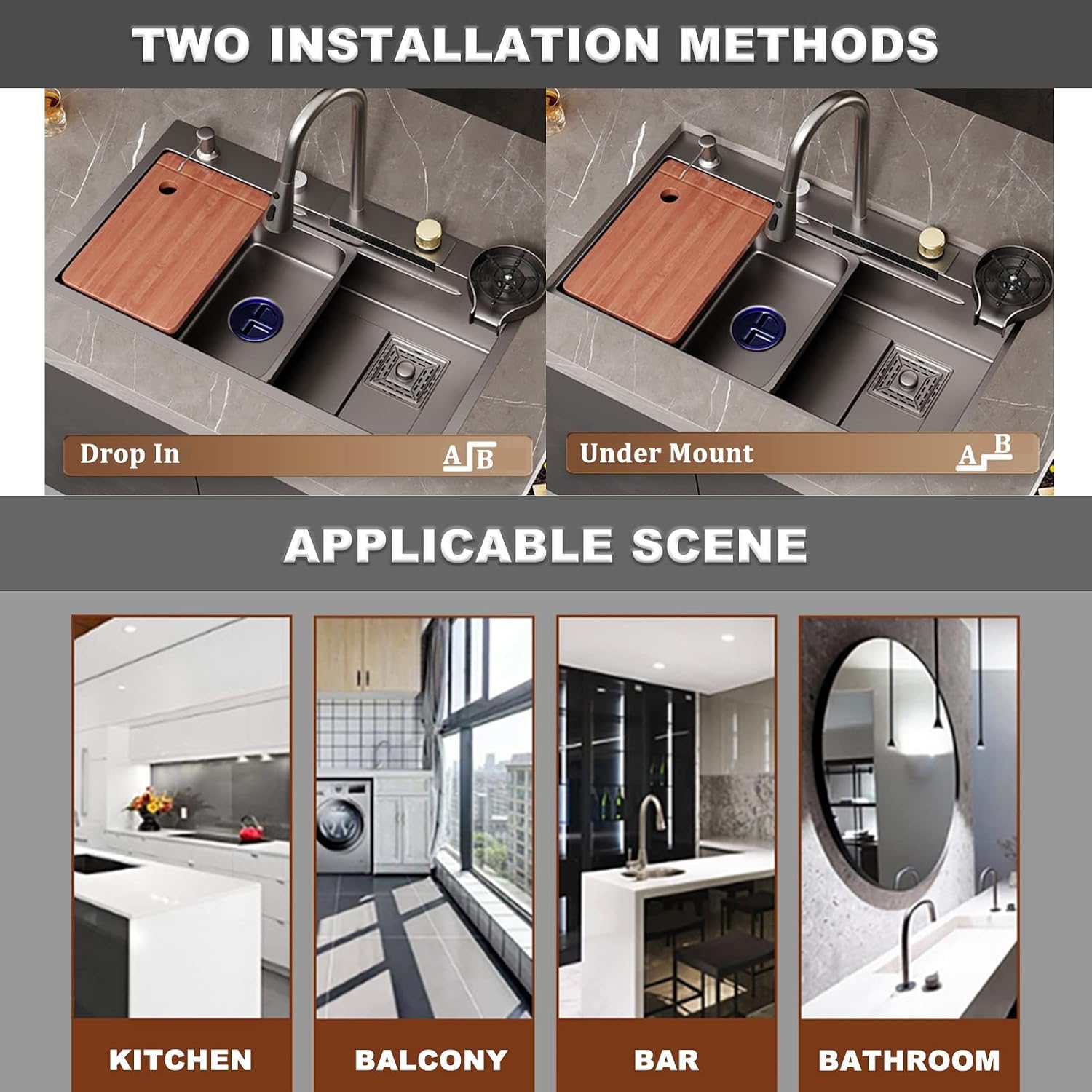 304 Stainless Steel Kitchen Sink Nano Gray Single Bowl Bar Sink Household Dish Basin Hand Sink Multi-Purpose RV Sink with Faucet and Drain Assembly (Color : Grey, Size : 68x45x21cm) (Gun