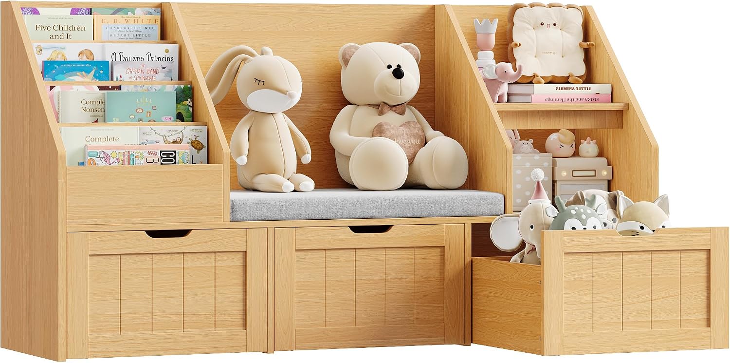 FOTOSOK 55.1'' Kids Bookshelf with Reading Nook, Toy Storage Organizer with Seat Cushion and 3 Movable Drawers, Kids Reading Nook Toy Organizers and Storage with Bench for Playroom, Bedroom, Natural