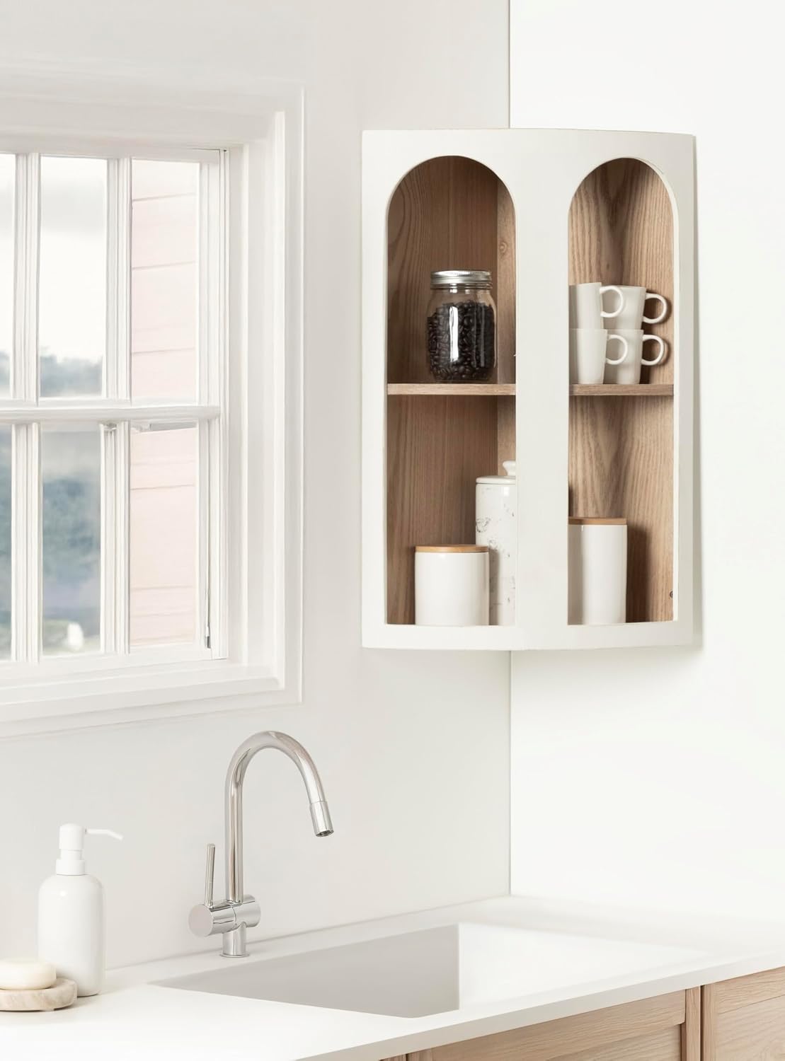 Kate and Laurel Elloree Modern Corner Shelf Cabinet for Storage and Display; 16 x 11 x 24; White and Natural; Transitional Corner Storage for Use as Living Room Shelving or Bedroom Storage Design