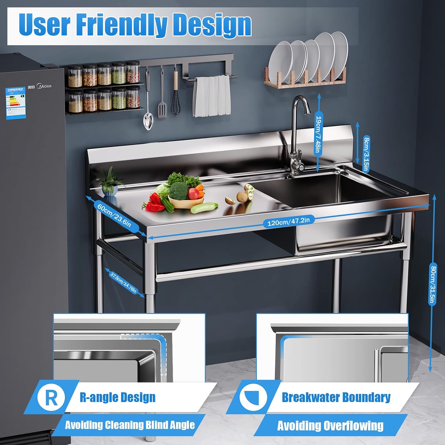 CNCEST Commercial Kitchen Sinks Single Bowl,304 Stainless Steel Catering Prep Table,Kitchen Wash Bowl Sink Basin,120x60x80cm,for Restaurant, Laundry, Garage (1 Bowl)