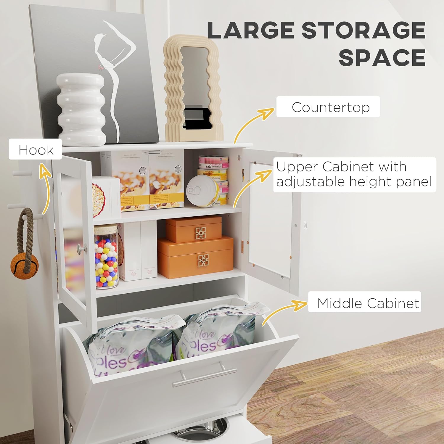 PawHut Dog Feeding Station with 2 Storage Cabinets, Elevated Dog Bowls, Side Hooks, Anti-tip Kit, Hidden Pet Feeder Station for Feeding & Watering, White