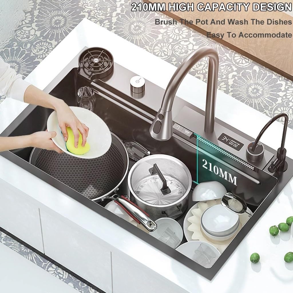 Generic Stainless Steel Waterfall Sink Single-Bowl Kitchen Sink -Coated Workstation Sink with Pull-Out Faucet and Cup Washer Easy-to-Clean (Color : Black, Size : 75x45x21cm)