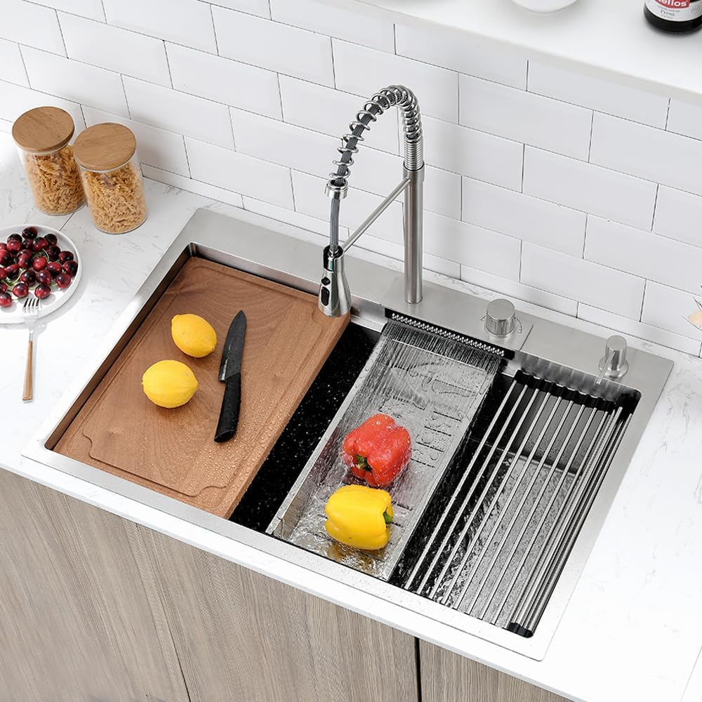 33 Inch Drop In Waterfall Kitchen Sink, 33x22 Drop in Kitchen Sink with Faucet Workstation Kitchen Sink 16 Gauge Stainless Steel Single Bowl Multifunctional Modern Kitchen Sink