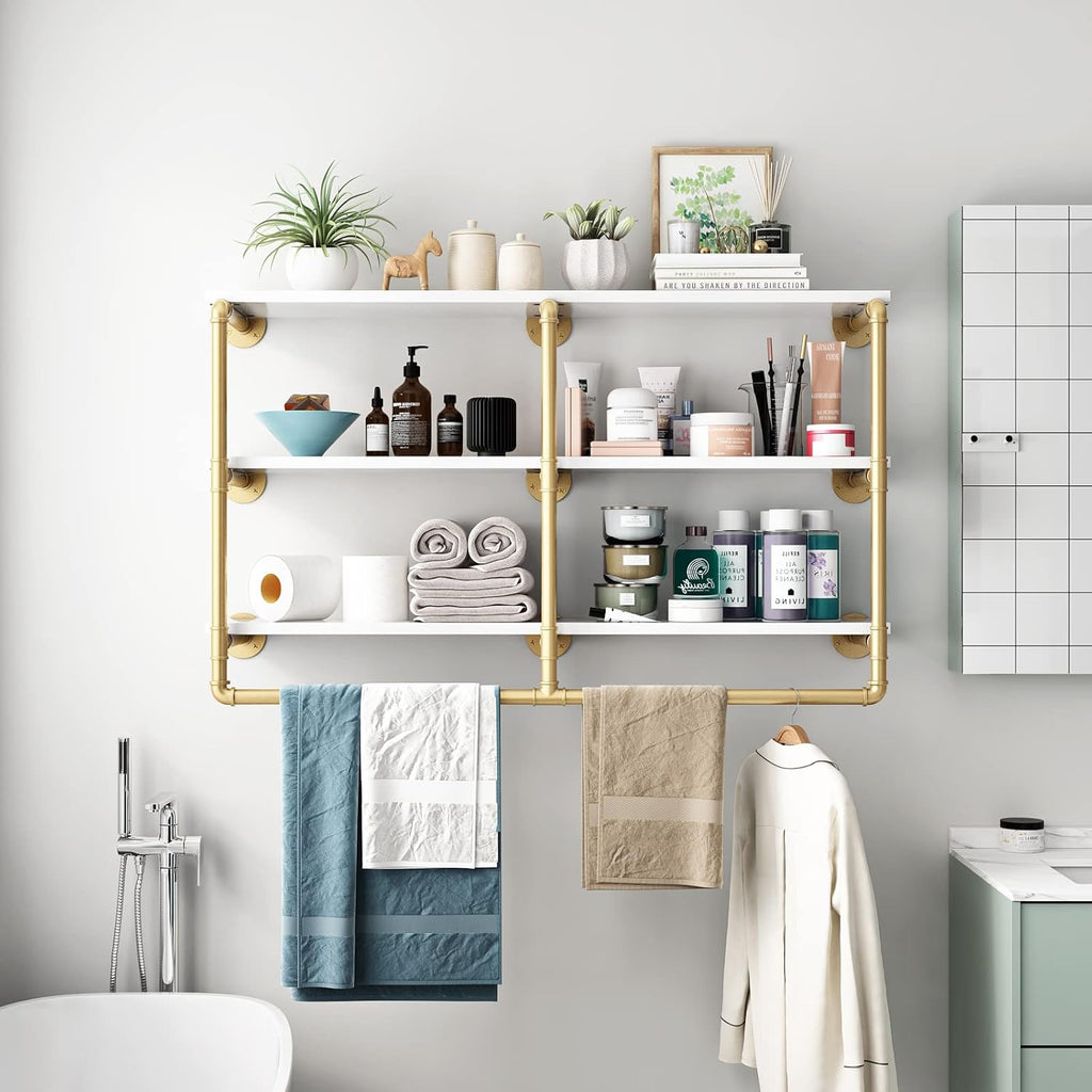 HOMEKAYT 48'' Industrial Pipe Shelving Floating Wall Shelves 3 Tier Gold Shelves Multiple Use for Kitchen, Bedroom,Living Room,Bathroom
