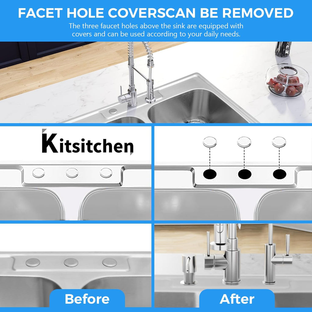Kitsitchen 33x22 Drop in Kitchen Sink, 33 Inch 304S Stainless Steel Double Bowl Kitchen Sinks with 50/50 Design and Two Strainer, 33' X 22'X 9' Large and Deep Top Mount Kitchen Sinks with 3 holes