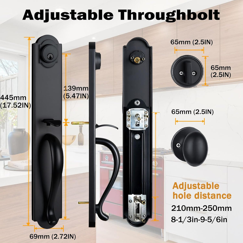 Double Door Handle Set for Front Door, Matte Black Keyed&Dummy Exterior Door Lockset with Deadbolt, Reversible for Right&Left Handed