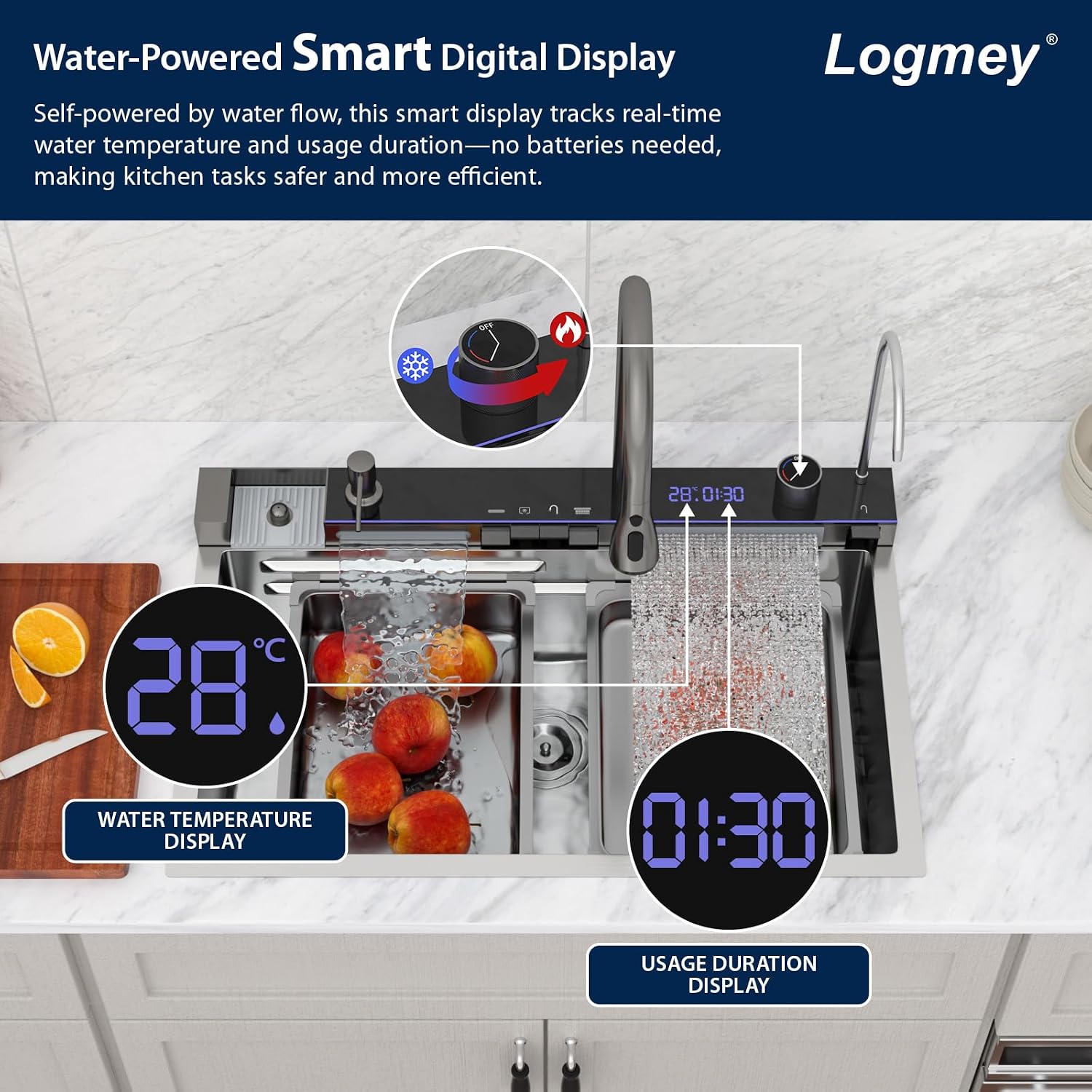Logmey 30' Smart Dual Waterfall Sink with Digital Display,Water Purifier,Nano PVD Drop in Kitchen Sink with Faucet,16 Gauge Stainless Steel Sinks with Temperature Control Knob,5 Buttons,30x19x9