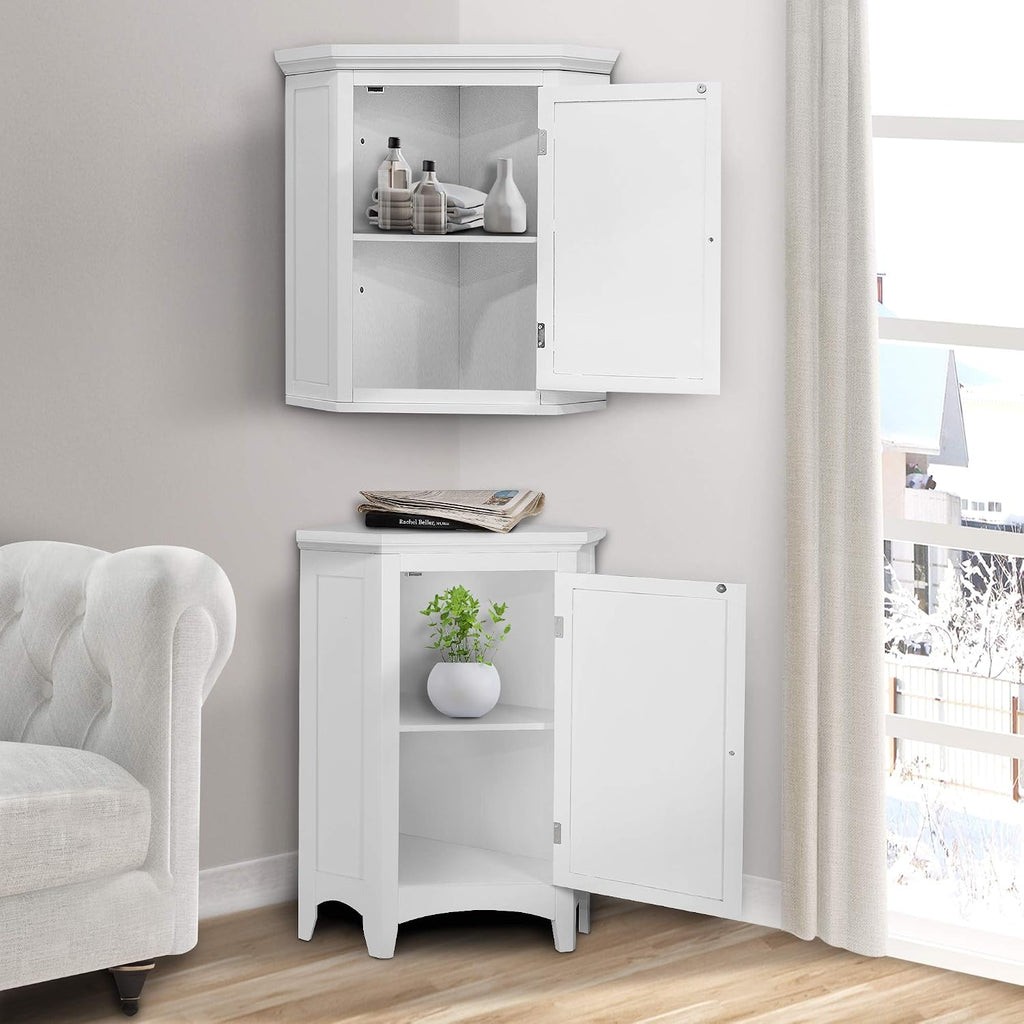 Teamson Home Glancy Freestanding Corner Floor Cabinet with Faux Louvered Door, White | Wooden, Faux Louvered Door, 2 Adjustable Tier Storage, For Bathroom Living Room